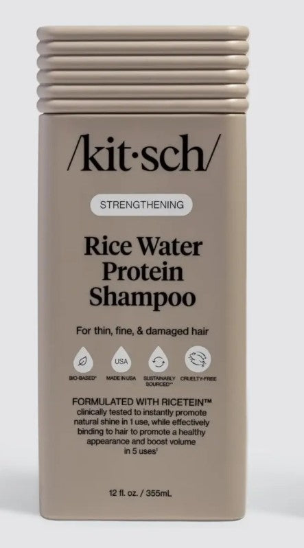 Kitsch Strengthening Rice Water Protein Shampoo in a tan 12 fl. oz. bottle for thin, fine hair.