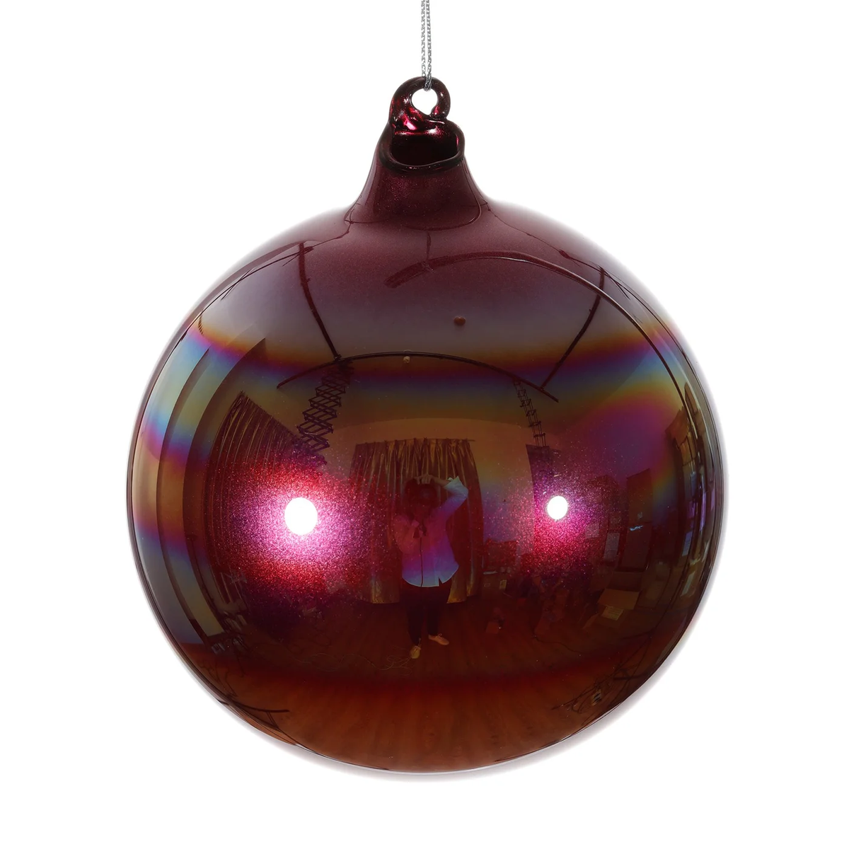 120mm burgundy pearl glass ball ornament with a lustrous, reflective finish and hanging loop.