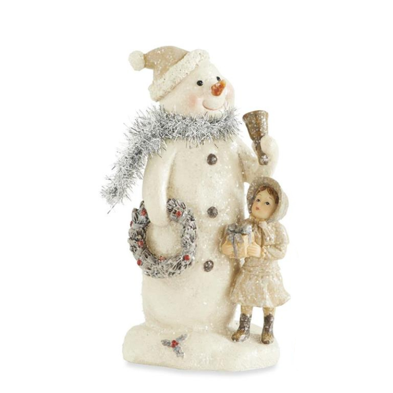 Vintage-style resin snowman figurine with a silver tinsel scarf, holding a wreath and a bell.