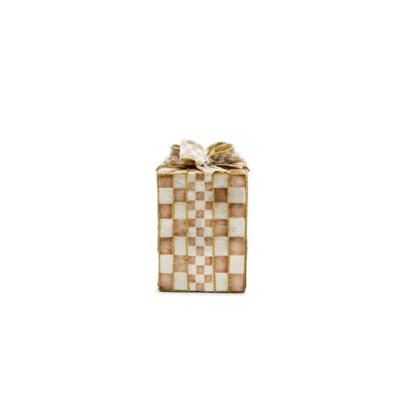 Mocha Capiz Gift Box with a checkered pattern, gold trim, and a matching bow on top.