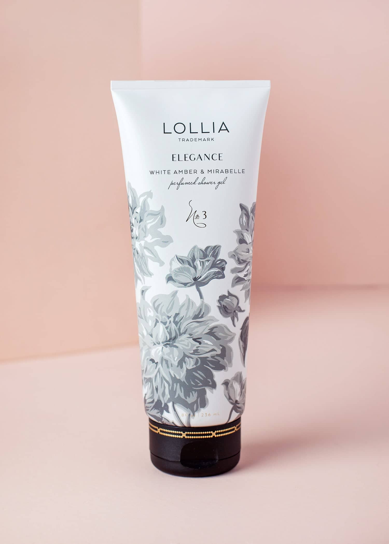 Satin-touch tube shower gel with meandering floral wrap and metallic detailing