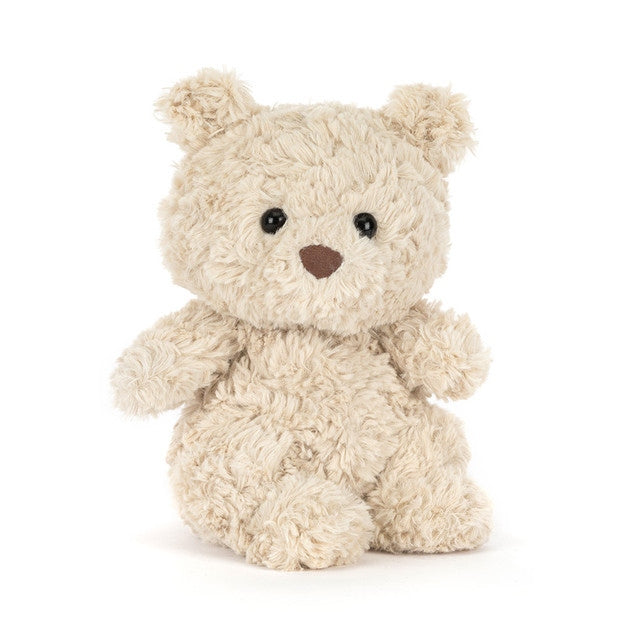 Sitting Bartholomew Bear Junior plush toy in brown polyester with hard eyes and PE bean filling.
