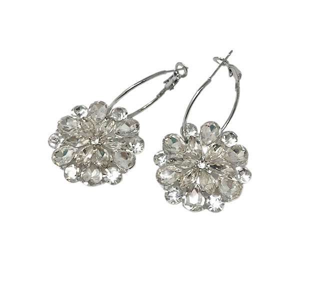 Vintage style silver hoop earrings featuring a large rhinestone floral cluster drop.
