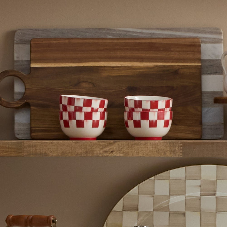 Cherry check stoneware breakfast bowl with hand-painted banding