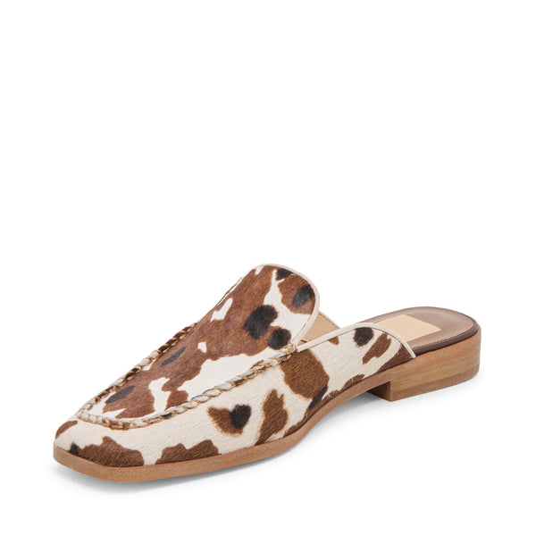 Bradly Sandal mule in cow-print calf hair with a square toe and low block heel.