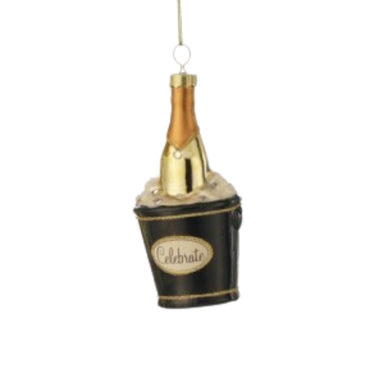 4.5-inch glass champagne bucket ornament featuring a gold bottle in a black bucket with 'Celebrate'.