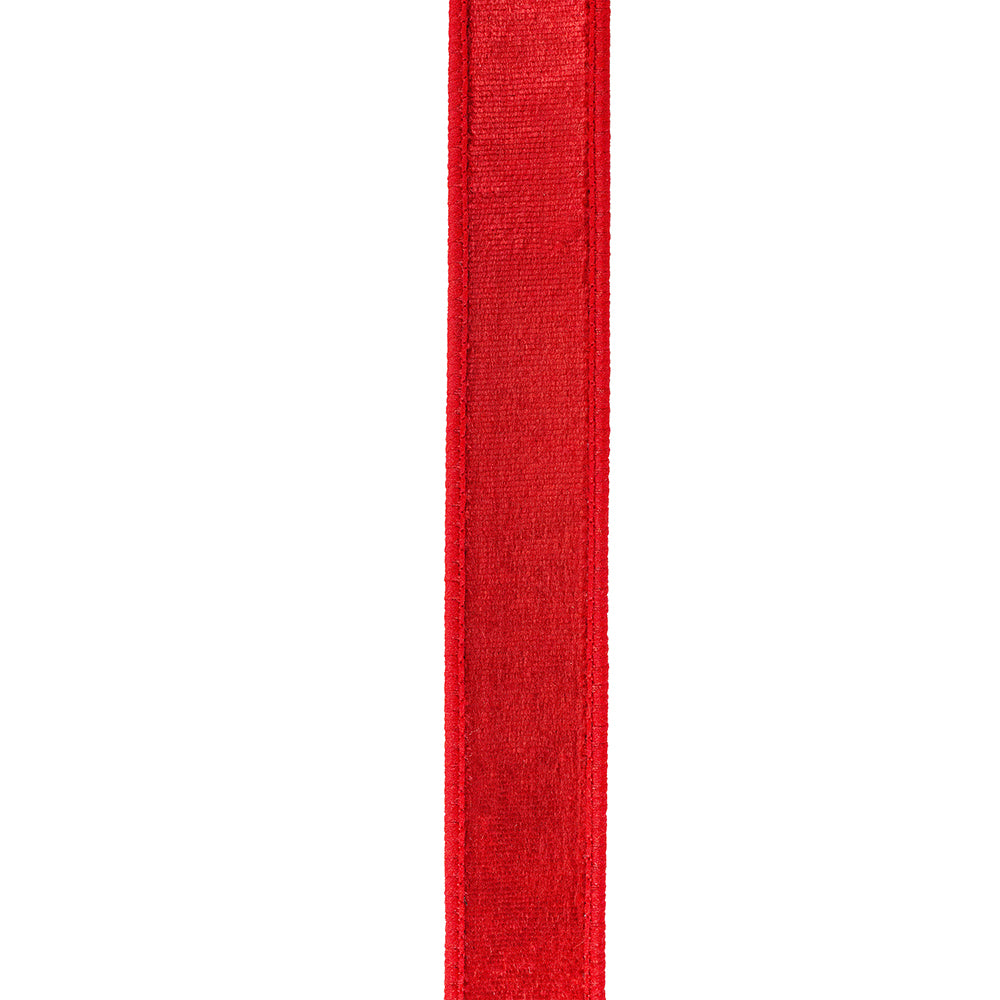 1 inch red designer plush velvet elite wired edge ribbon with a soft texture.