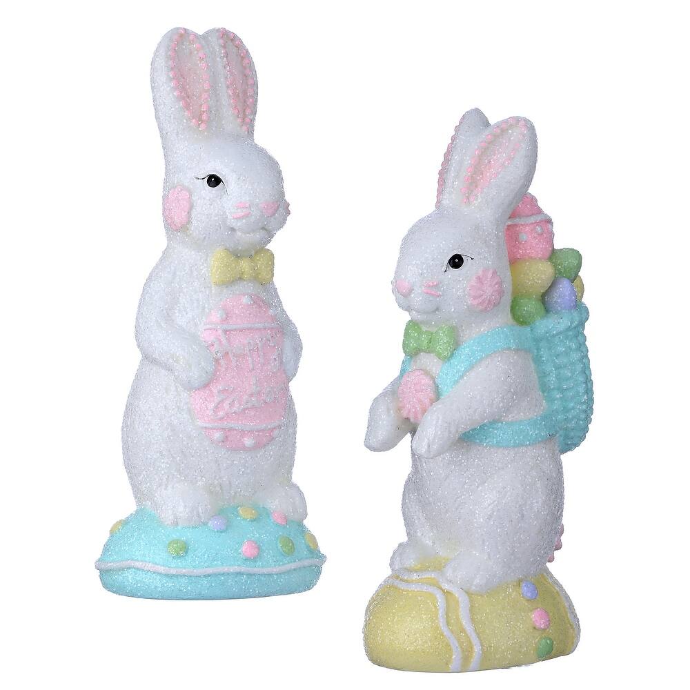Seven-inch resin bunny figurine with sugared sweets finish in pastel colors.