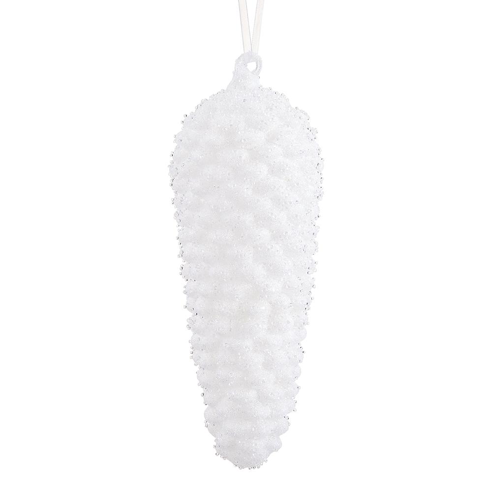 12-inch white beaded glass pine cone Christmas ornament with a hanging loop.