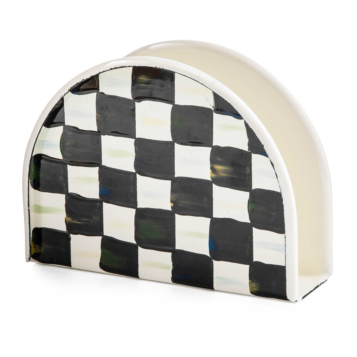 Semi-circular enamel napkin holder with hand-painted black and white Courtly Check pattern.