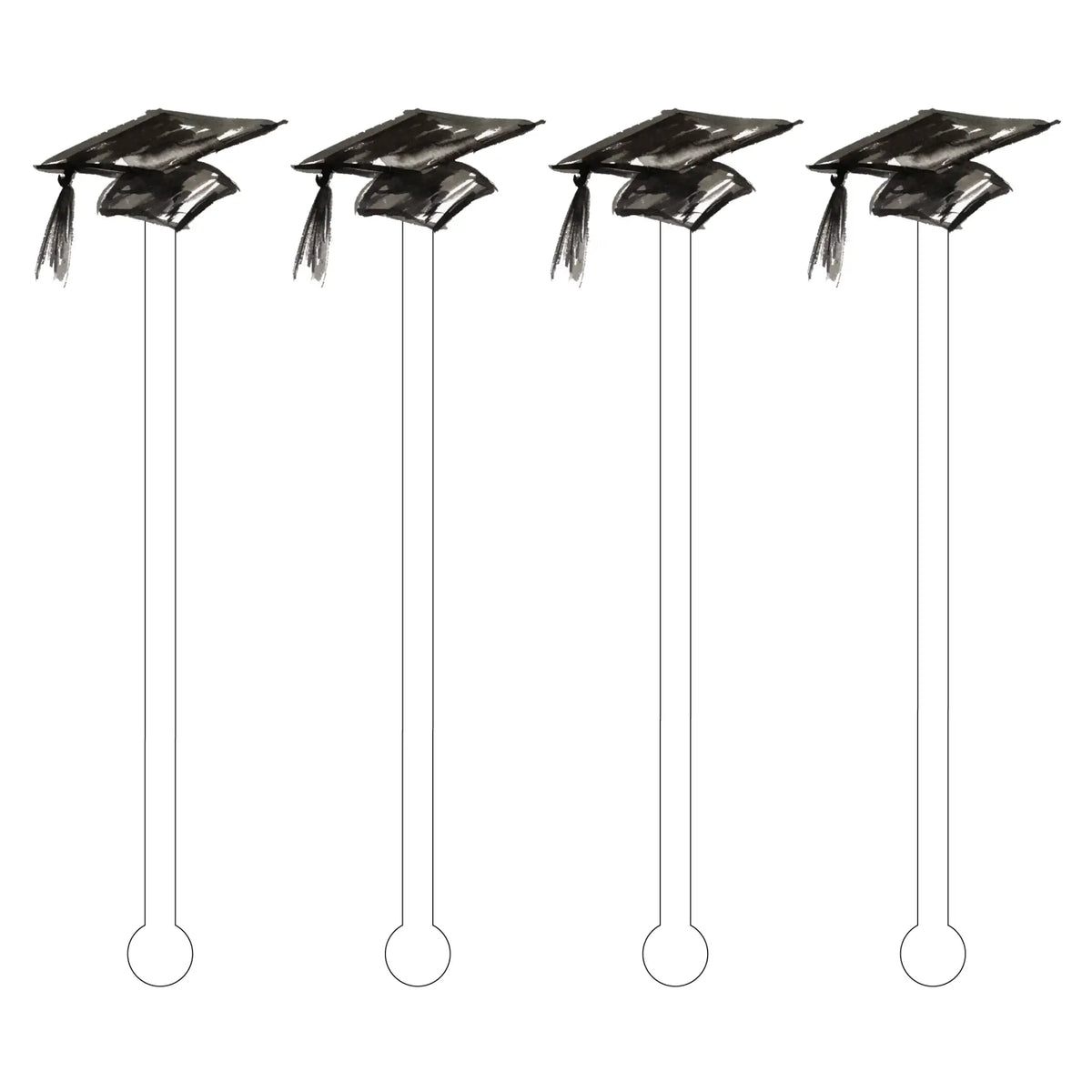 Four clear acrylic stir sticks with a graduation cap shape on top.