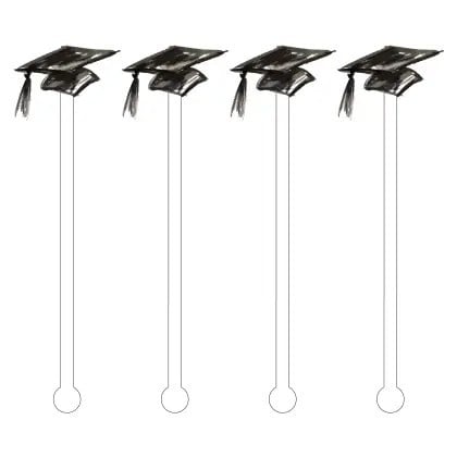 Set of four clear acrylic stir sticks shaped like graduation caps with black tassels.