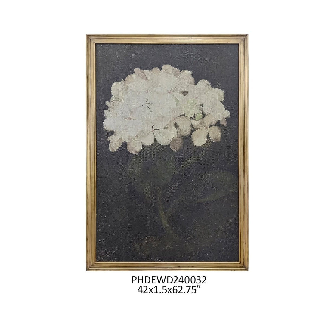 Framed print featuring lush blue hydrangea blooms on a white background.