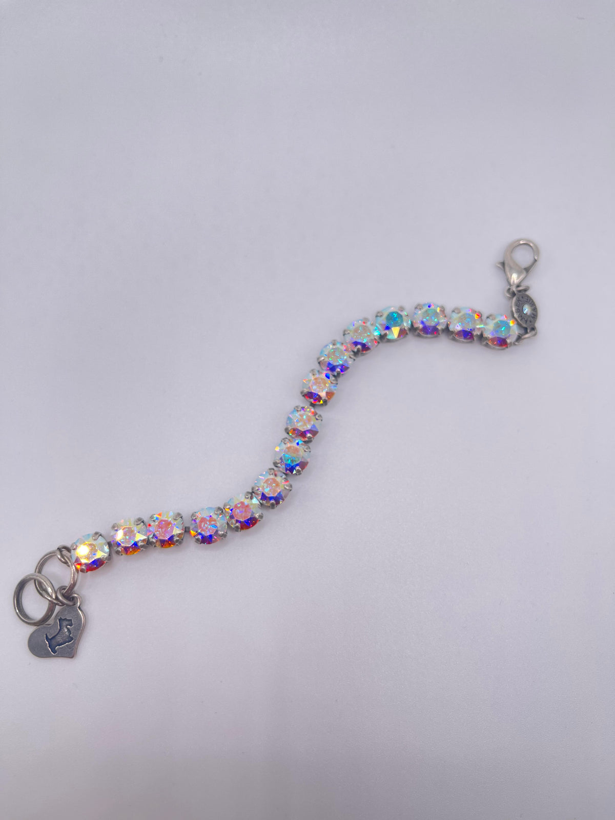 Lavender and white crystal bracelet with amber tag and Scotty dog heart charm
