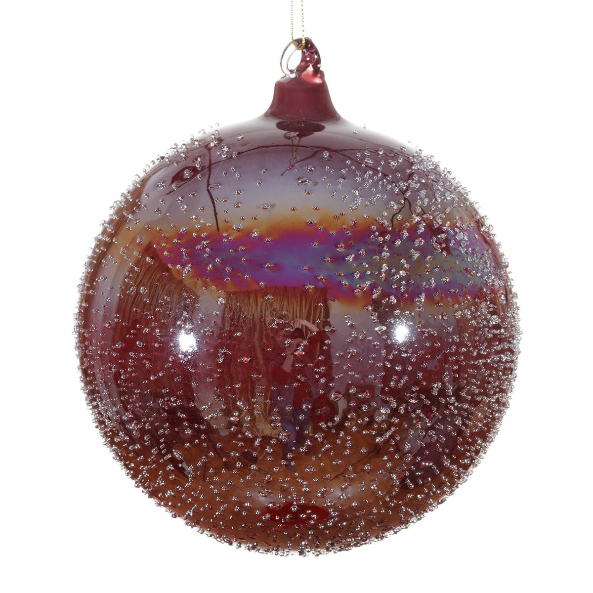 150mm burgundy glass ball ornament with a textured, micro-beaded surface and iridescent finish.