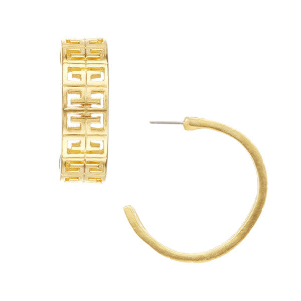 Gold Greek Key Hoop Earrings with classic geometric border pattern