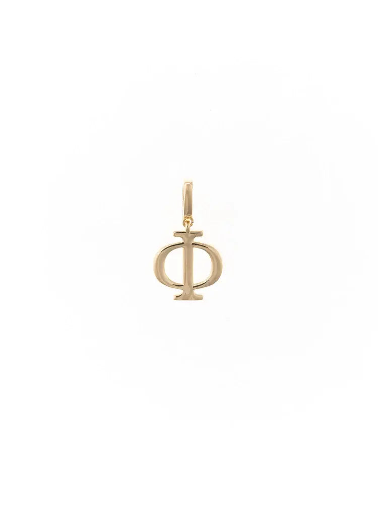 Gold-plated Greek letter charm with a sleek circular silhouette designed to attach to a chain.