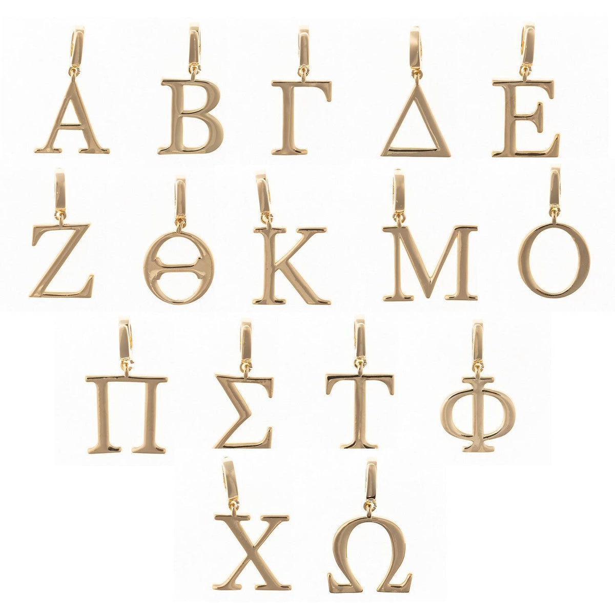 Sleek Greek letter charm on an 18k gold plated chain with a nickel-free clasp.