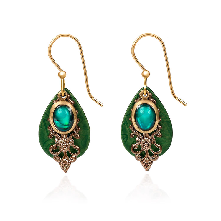 Green abalone layered drop earrings with glass beads and textured brass earwires