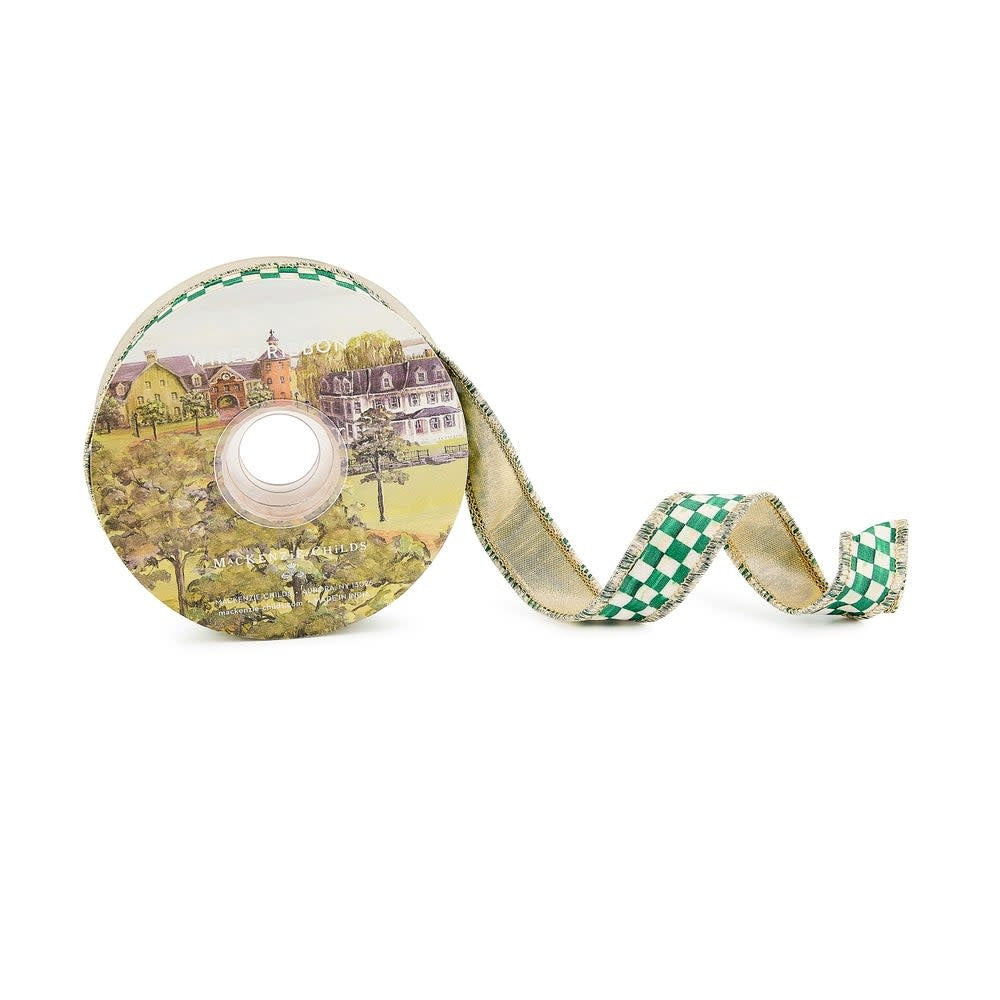 Green polyester check ribbon with wired edges on a white background.