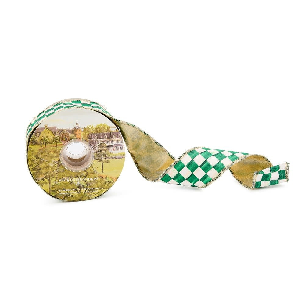 Green polyester check ribbon with wired edges on one side and festive gold reverse.