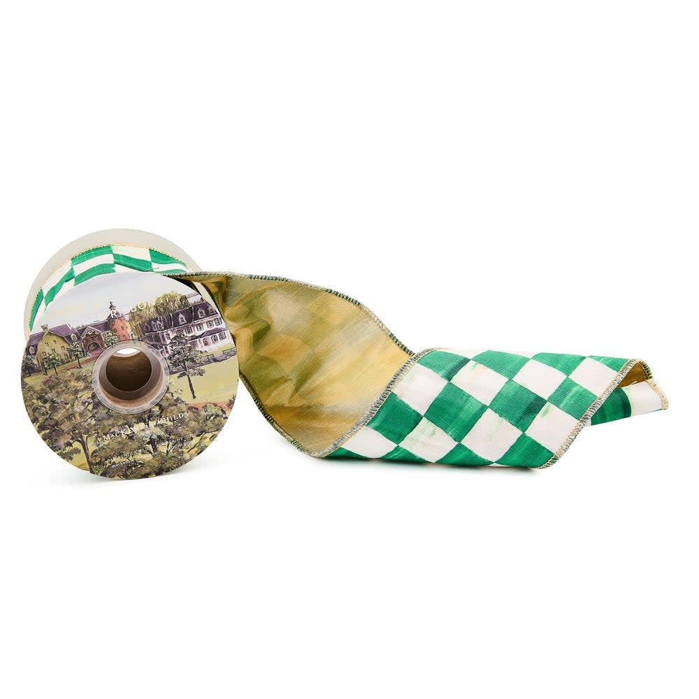 Green polyester ribbon with linen-finish checks on one side and wired edges.