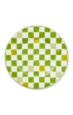 Green check stoneware dinner plate with an 11-inch diameter.