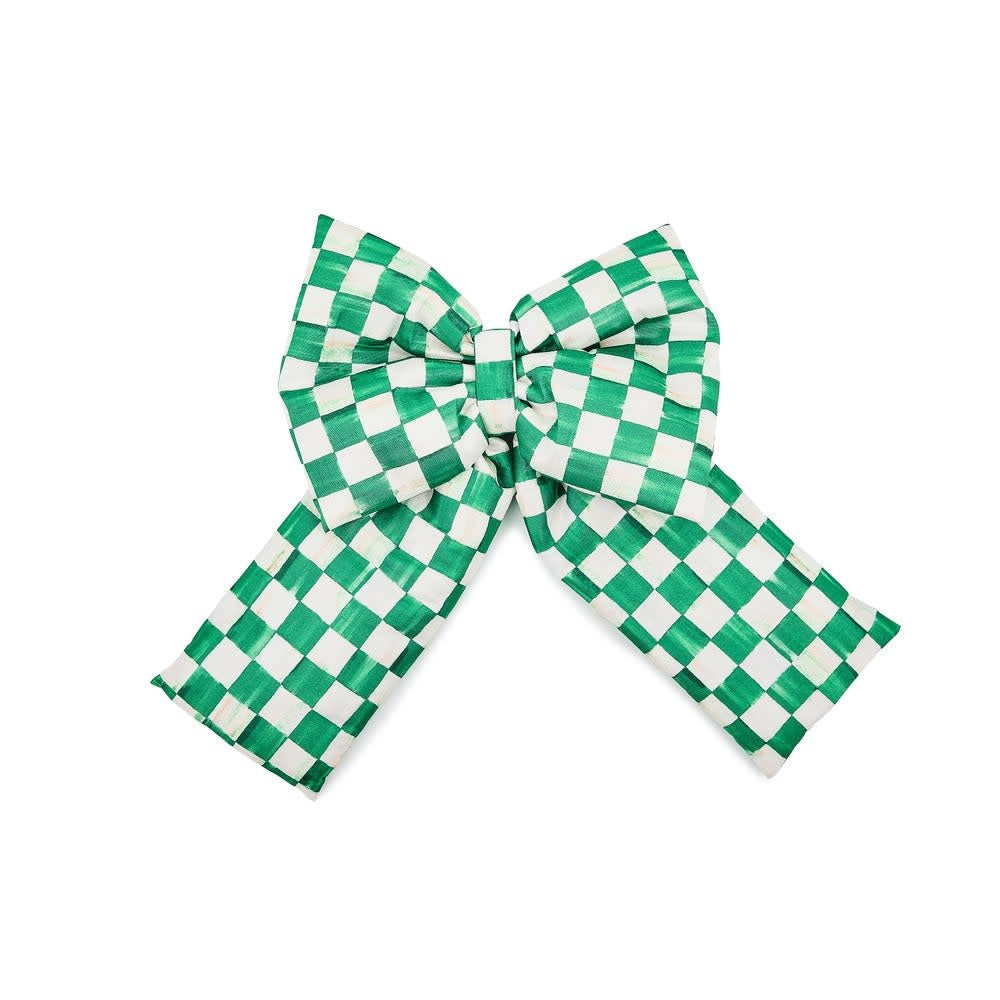 Green polyester checkered bow measuring 8 inches wide with a large loop silhouette.