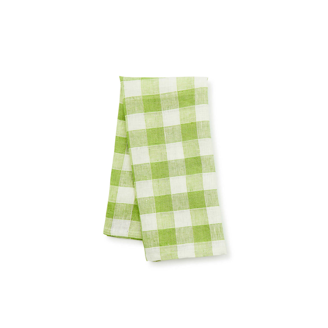 Green checkered linen dish towel with a woven texture.