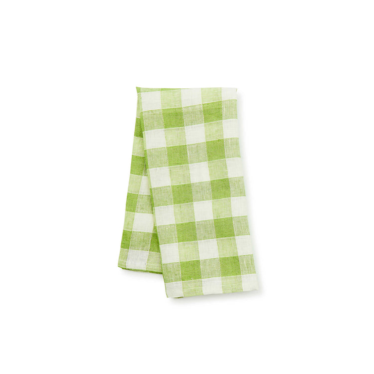 Green checkered linen dish towel with a woven texture.