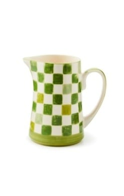 Green checkered stoneware pitcher with a handle