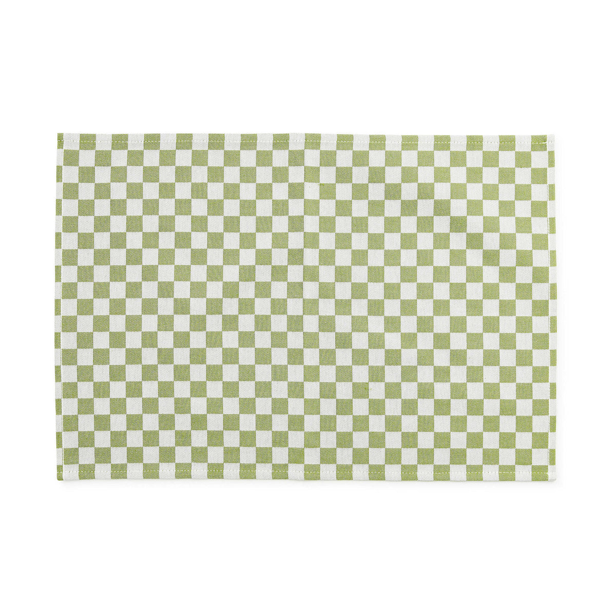 Set of four woven cotton check placemats in green with a classic plaid pattern.