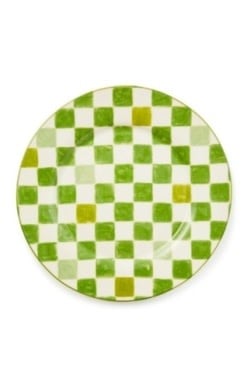 Green checkered round stoneware platter with a matte finish.