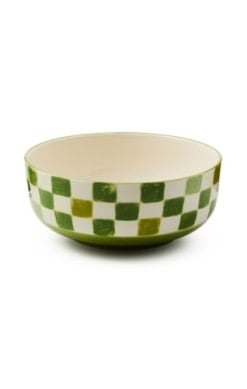 Green checkered stoneware serving bowl with a rounded rim.
