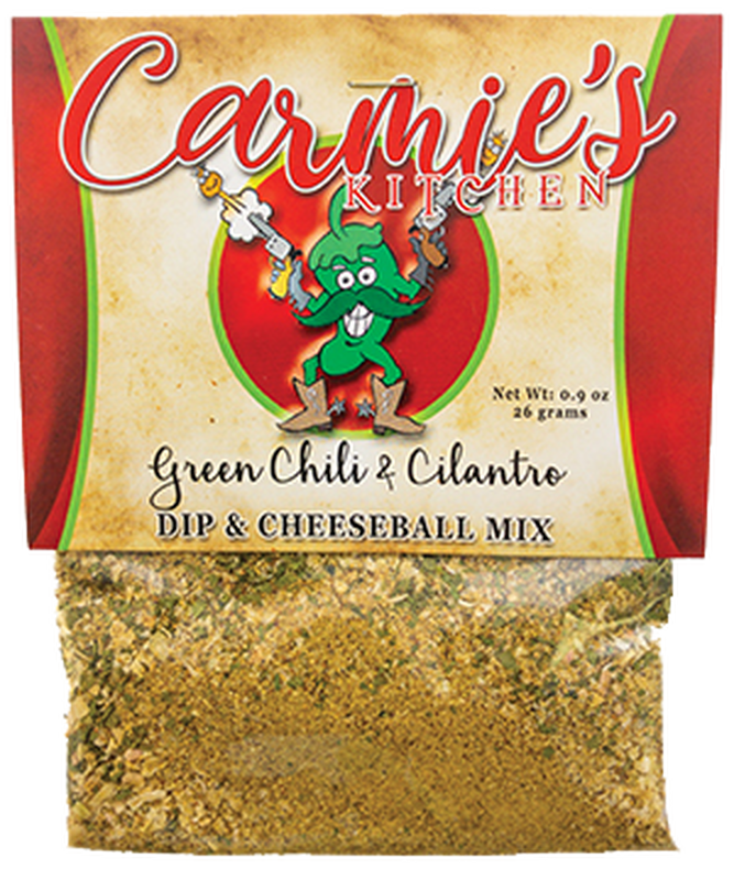 Green Chile & Cilantro dip mix in a clear container with visible green herbs.