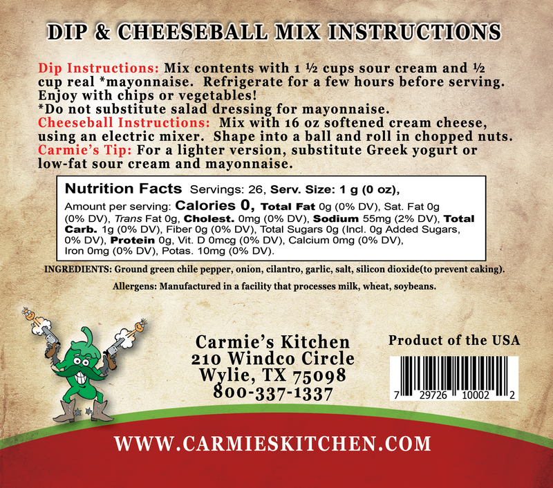 Green Chile & Cilantro dip mix in a clear container with visible green herbs.