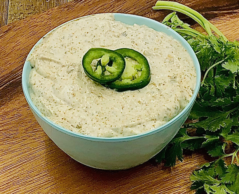 Bag of Green Chile & Cilantro Dip mix with visible green chile pieces