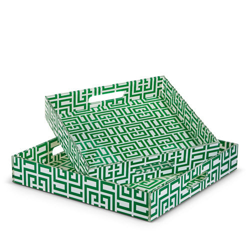 Green acrylic serving tray with a Greek key geometric border pattern.