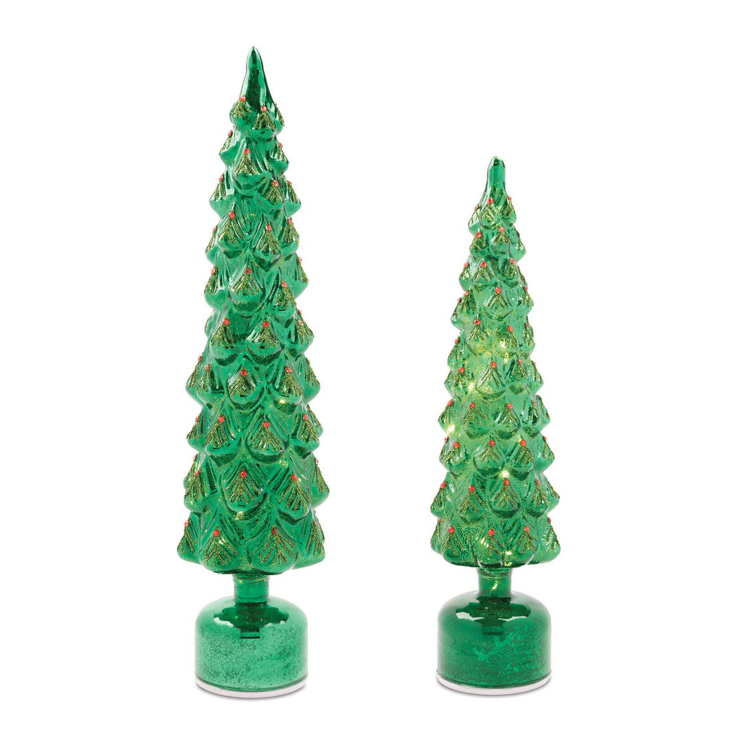 Green LED tree with delicate branch silhouettes wrapped in warm lights.