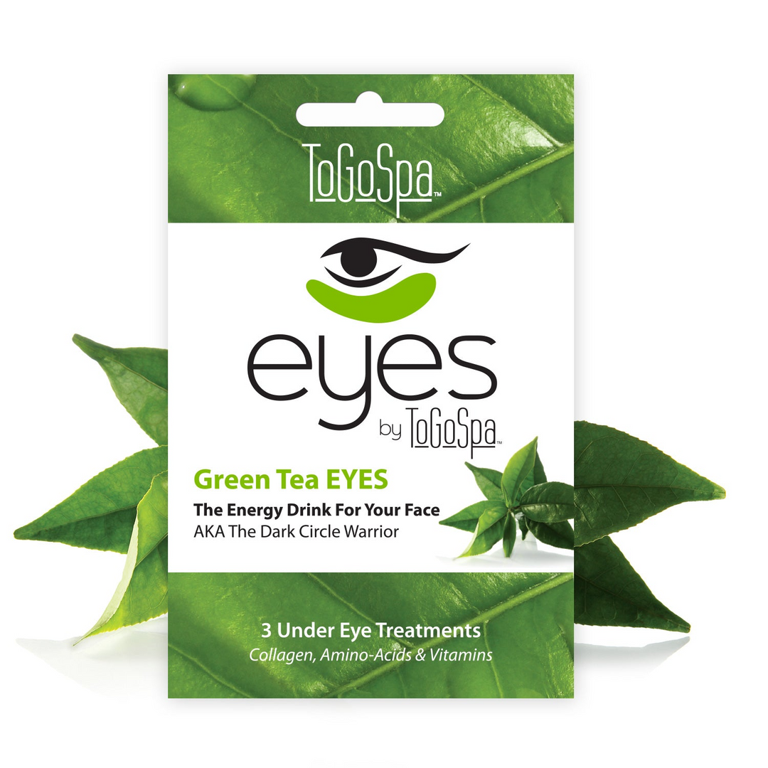 Green Tea Eyes gel mask with marine plant collagen and green tea extract applied to the eye area.