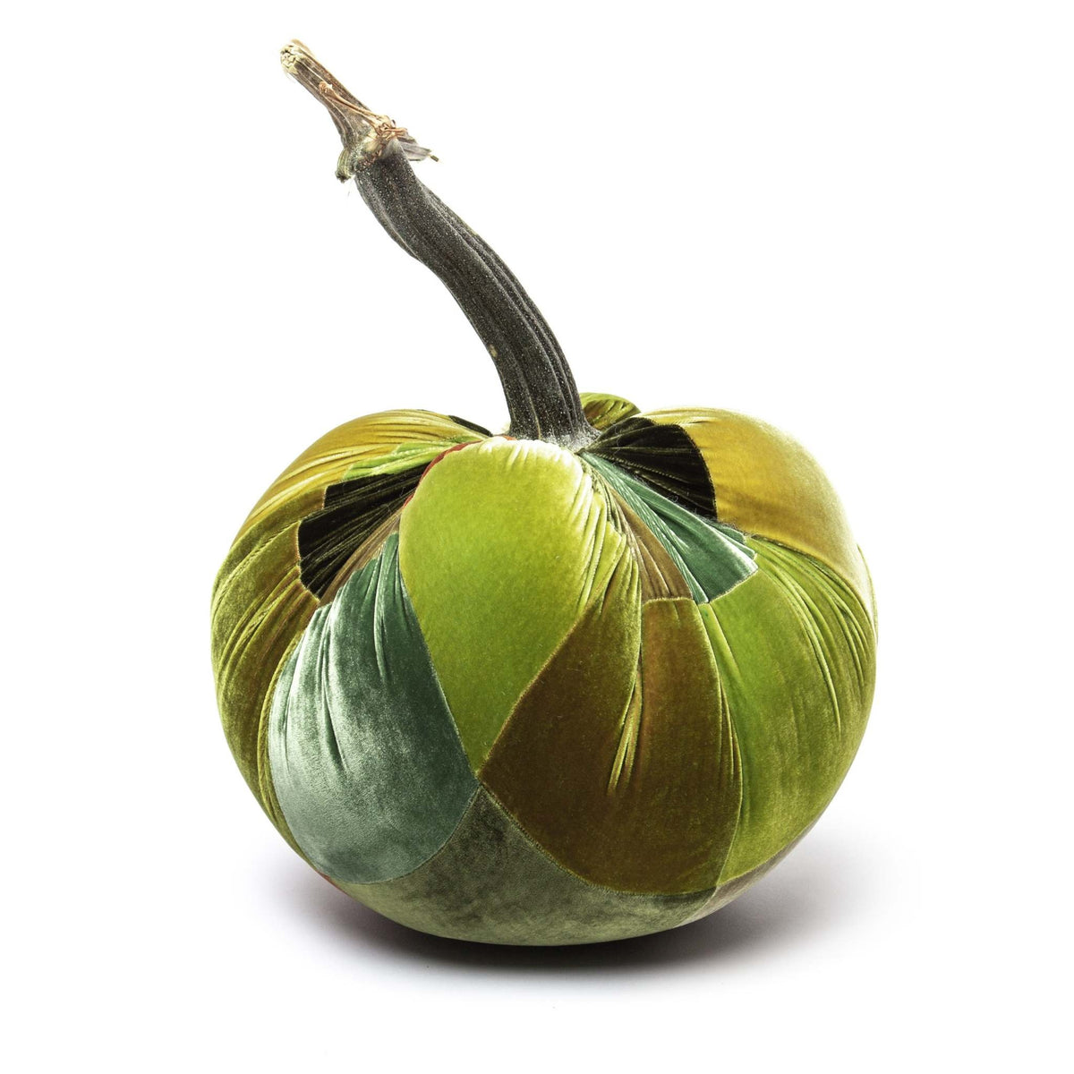 Handmade green velvet patchwork pumpkin with a natural stem.