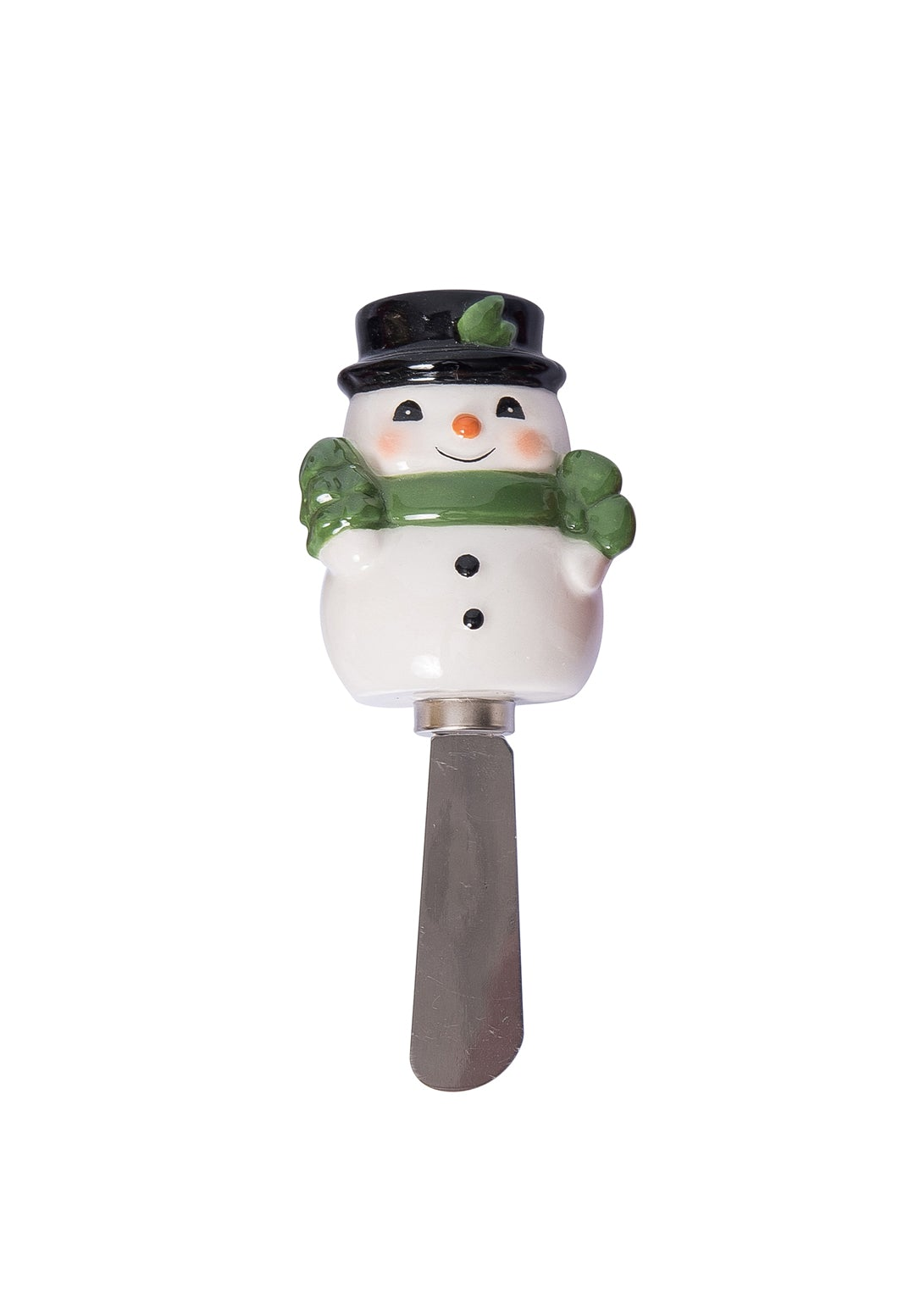 A vintage-style snowman spreader with a ceramic handle and a stainless steel blade.