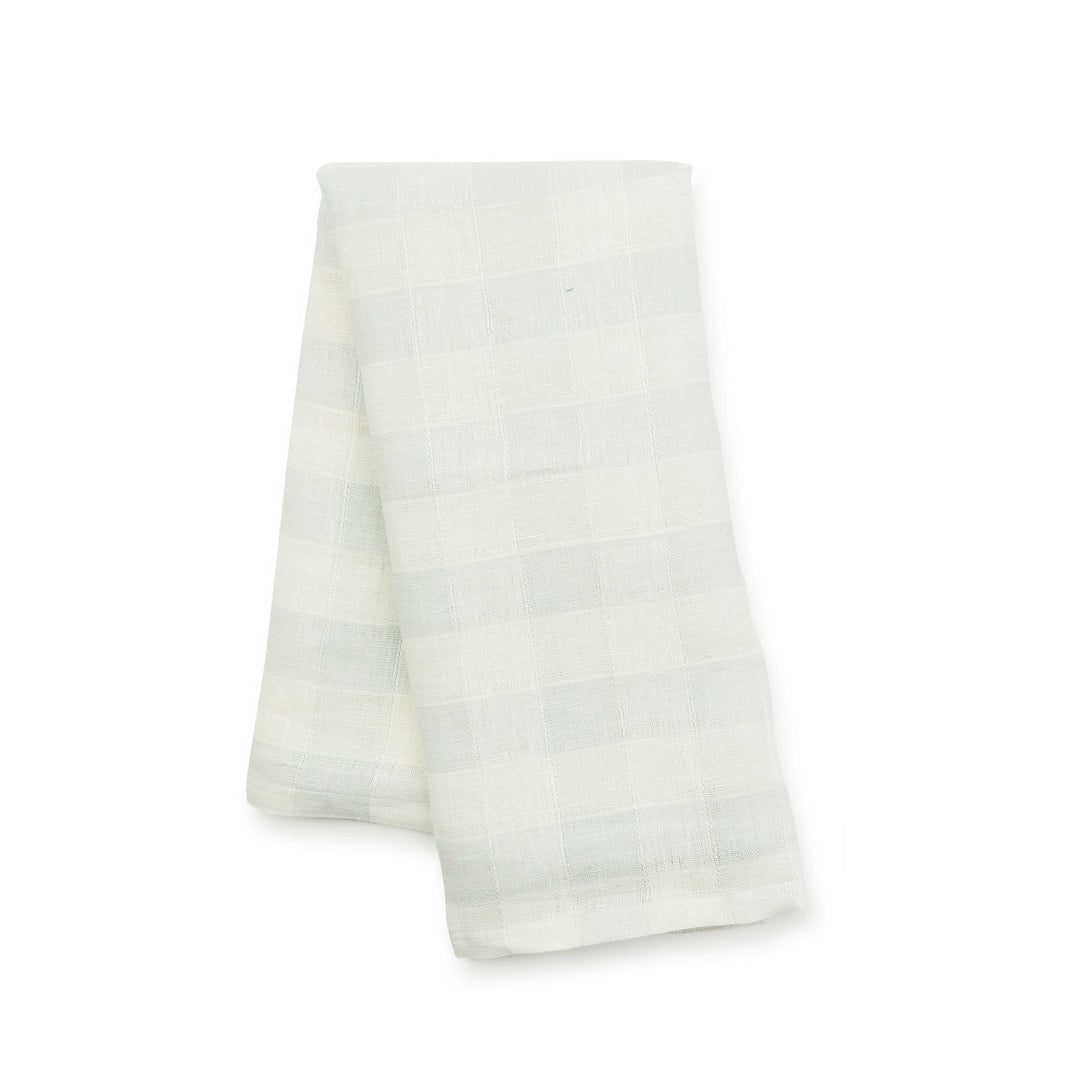 Grey checkered linen dish towel with a rectangular shape.