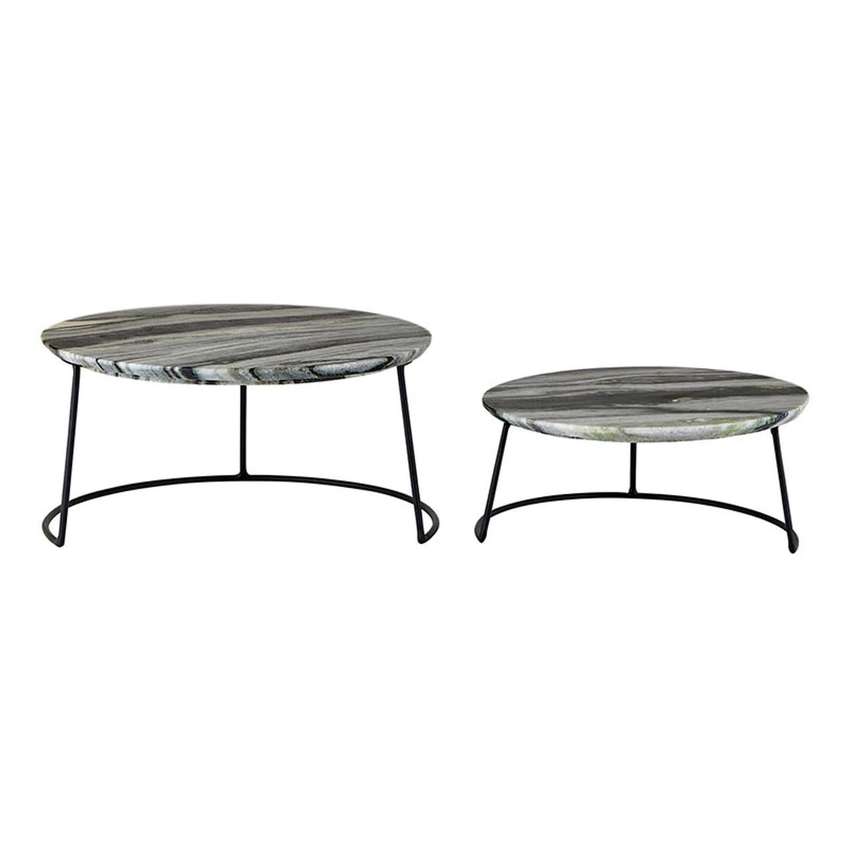 Nested grey marble trays with dark green veining on an iron base