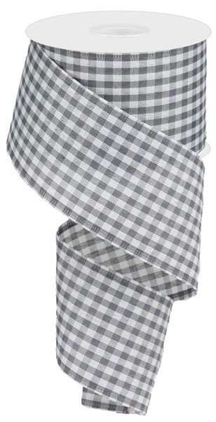 2.5-inch wide grey and white gingham patterned polyester ribbon on a spool.