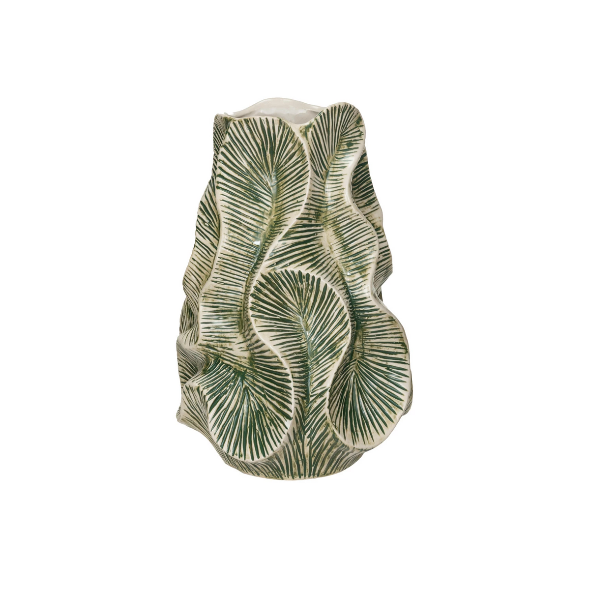 Round textured stoneware vase with reactive glaze finish in organic shape