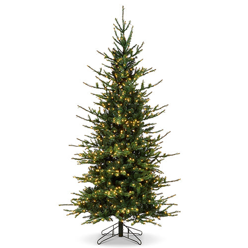 9-foot Rocky Mountain Spruce artificial Christmas tree with 975 warm white lights on a metal stand.