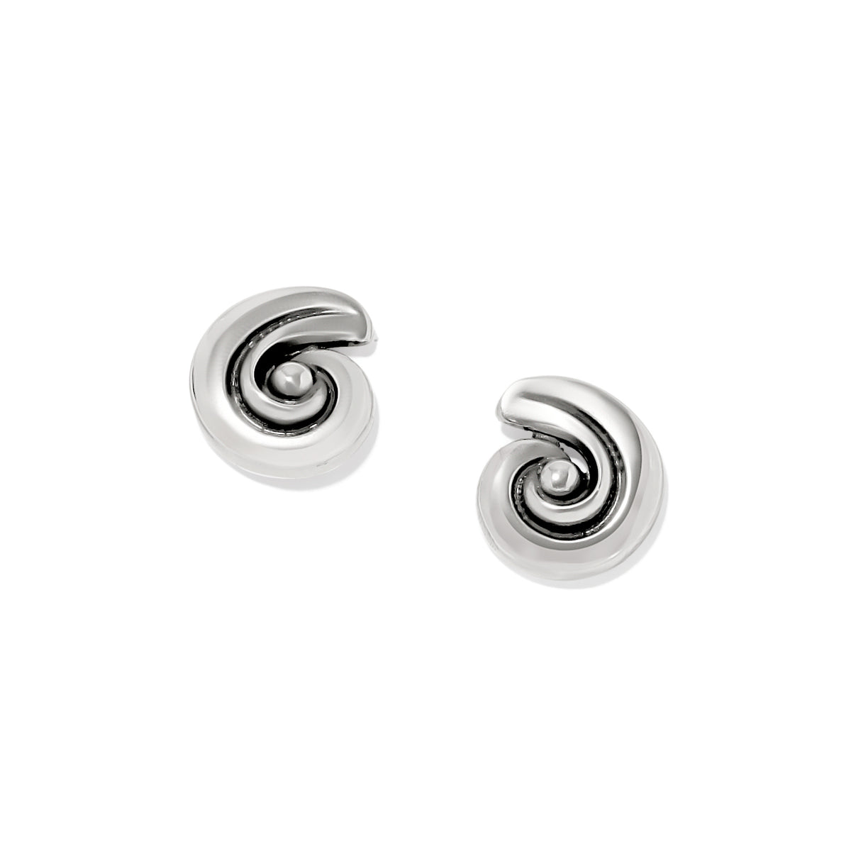 Silver plated Contempo Moda post earrings featuring a polished spiral swirl design.