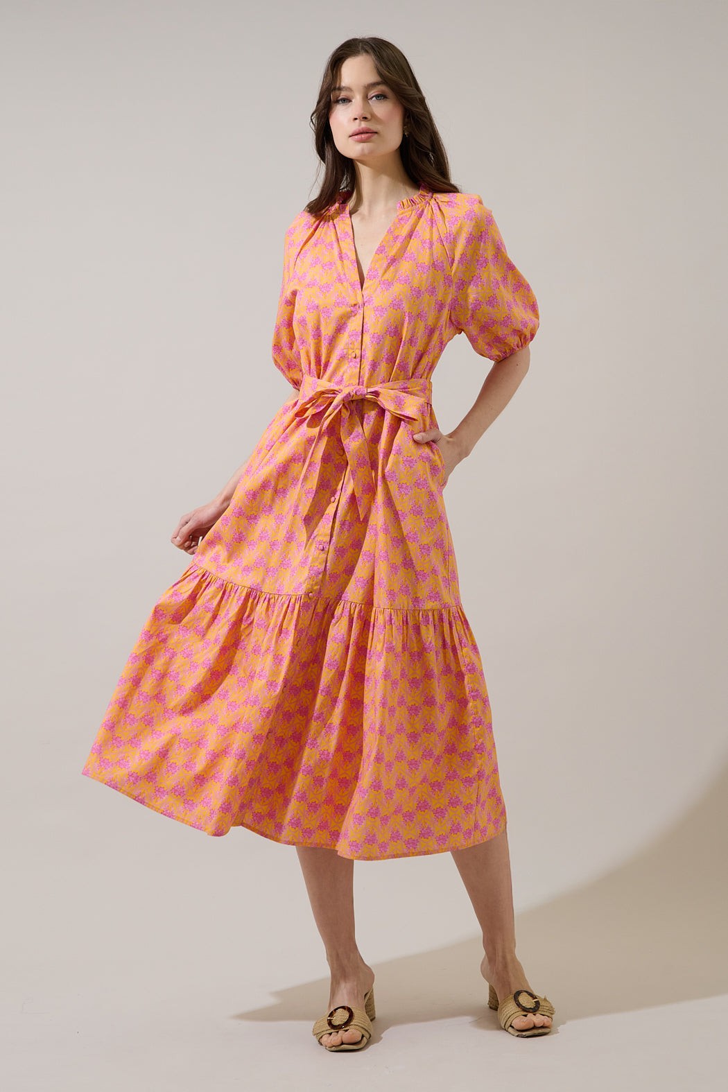 Wynette tiered midi dress in drift floral cotton with pockets and belt