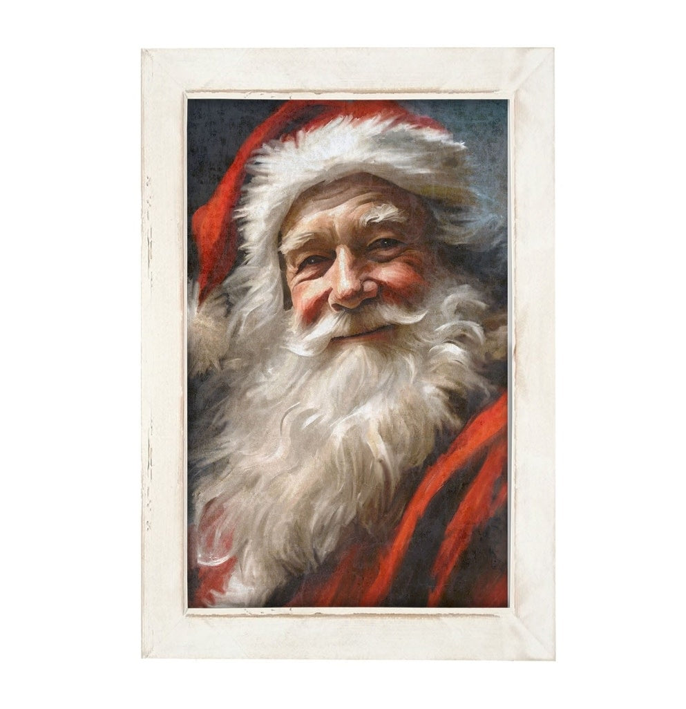 Vertical white frame with reclaimed barn wood finish holding a grinning Santa print on matte art paper.